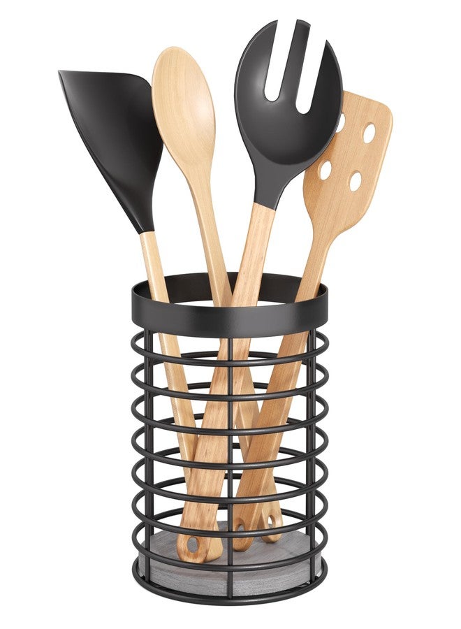 DTONIMA Utensil holder - Large Round Utensils Holder with Diatomaceous Base Matte Black Cooking Utensil Holder,Kitchen countertop Utensil Organizer (Metal) - Image 1